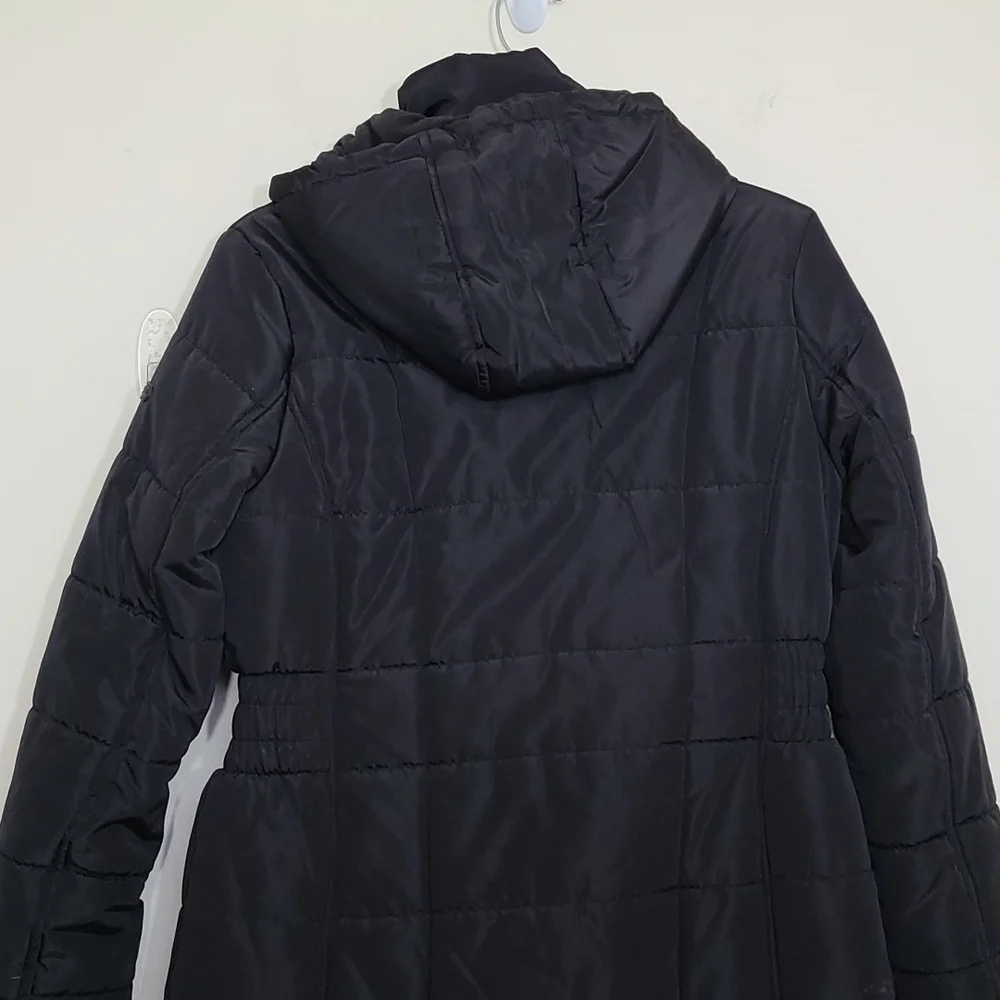 Lucky Brand Double Zip Hooded Puffer Women's Long Jacket Black Size S
